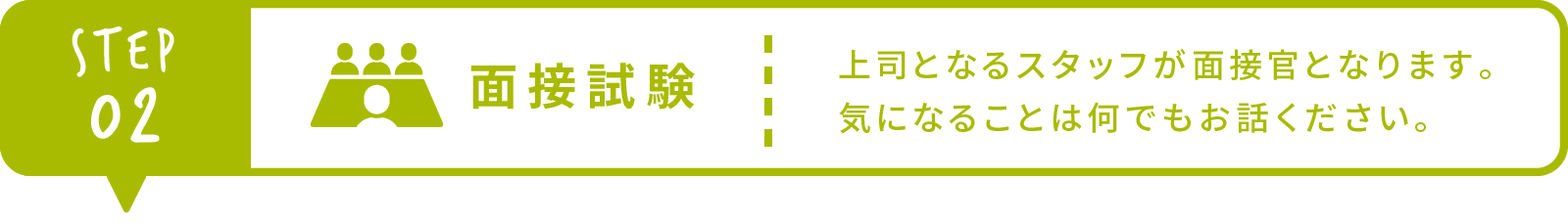 Step2 面接試験 上司となるスタッフが面接官となります。気になることは何でもお話ください。